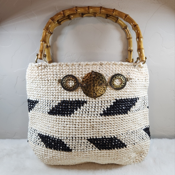 Tote It Handbags - Tote It Straw Woven Tote Bag | NWT | Bamboo Handle Black Leaf Pattern Purse